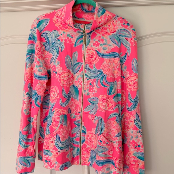 Lilly Pulitzer Tops - Lilly Pulitzer Pink Pinking Positive Large Zip Up Popover